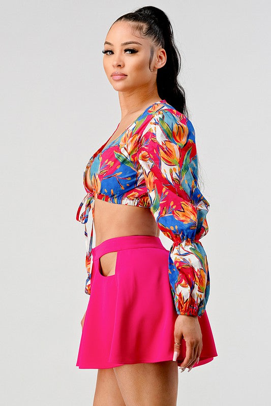 Halle Crop Printed Top And Cutout Pants Set - HOUSE OF SHE