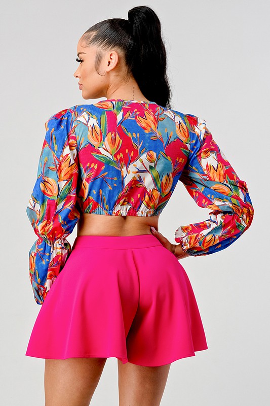 Halle Crop Printed Top And Cutout Pants Set - HOUSE OF SHE