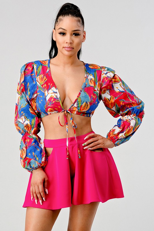 Halle Crop Printed Top And Cutout Pants Set - HOUSE OF SHE