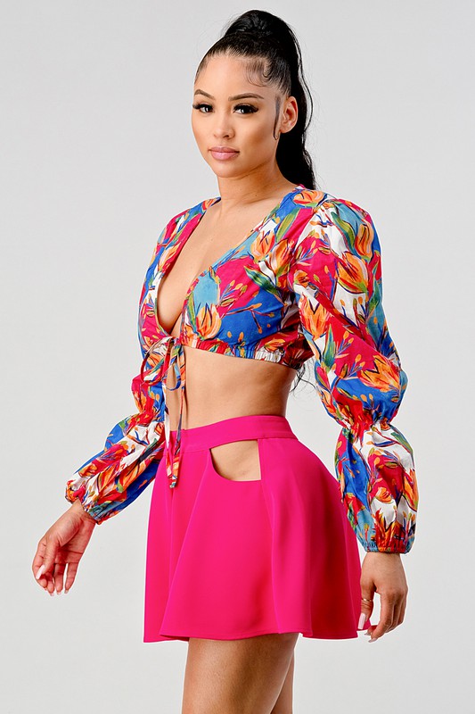 Halle Crop Printed Top And Cutout Pants Set - HOUSE OF SHE