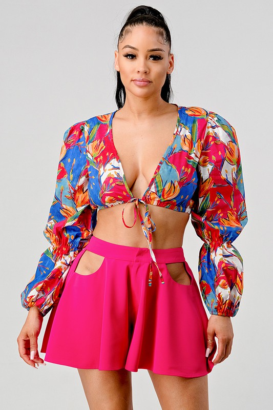 Halle Crop Printed Top And Cutout Pants Set - HOUSE OF SHE
