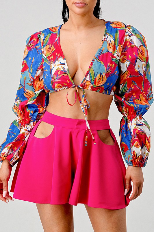 Halle Crop Printed Top And Cutout Pants Set - HOUSE OF SHE