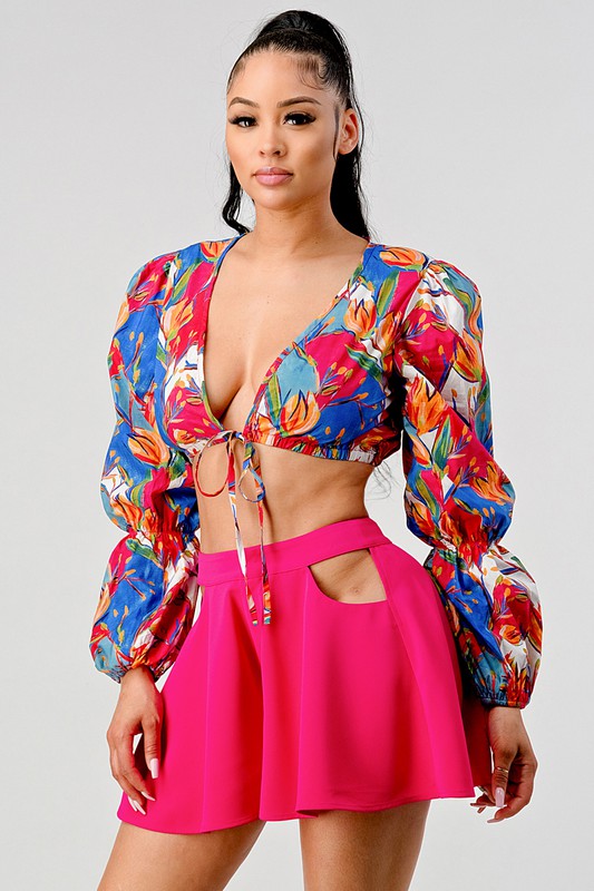Halle Crop Printed Top And Cutout Pants Set - HOUSE OF SHE