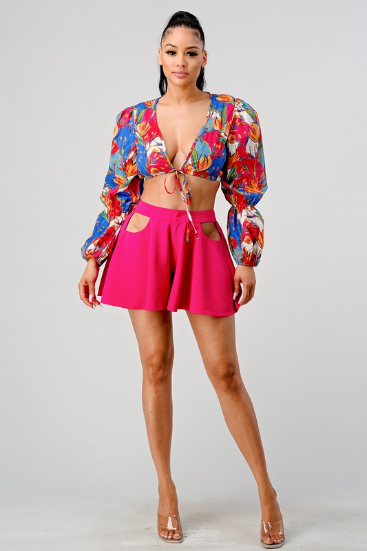 Halle Crop Printed Top And Cutout Pants Set - HOUSE OF SHE
