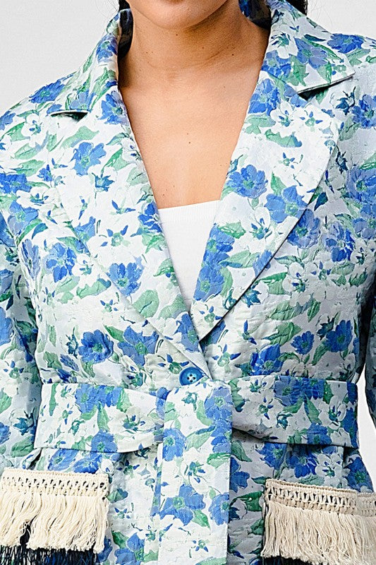 Sky Floral Print Tassle Trench Coat  HOUSE OF SHE