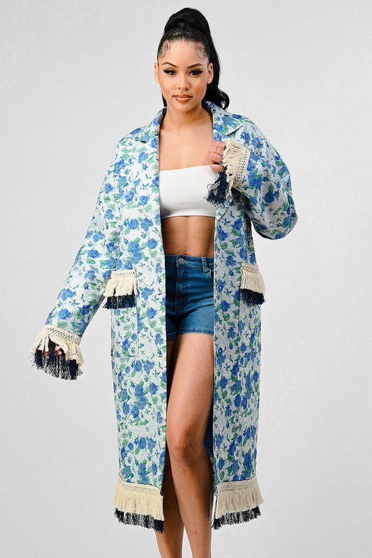 Sky Floral Print Tassle Trench Coat  HOUSE OF SHE