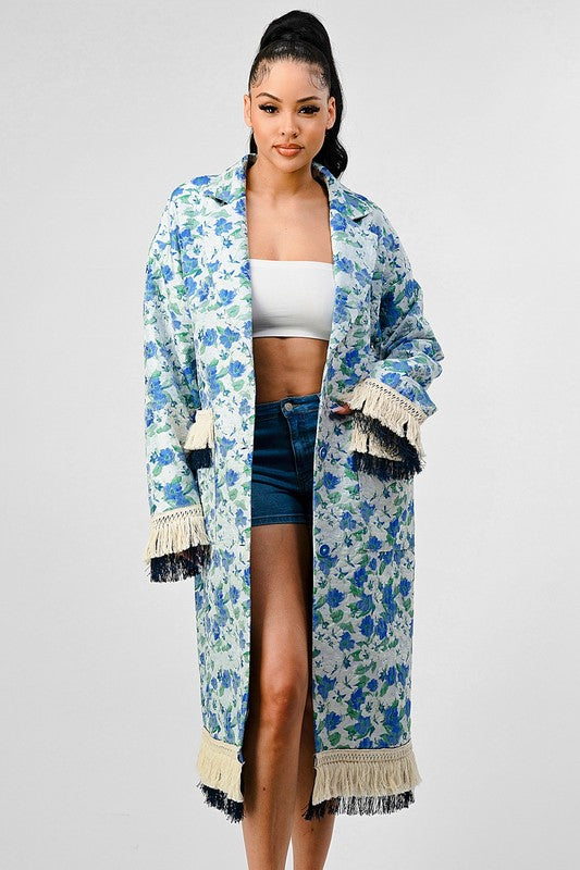 Sky Floral Print Tassle Trench Coat  HOUSE OF SHE