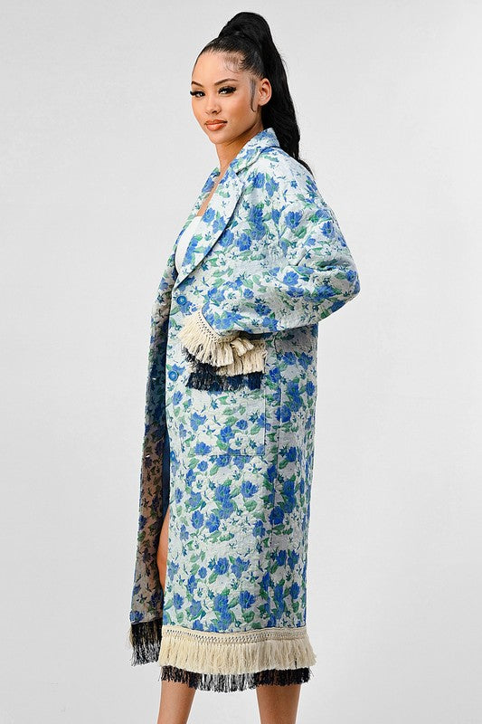 Sky Floral Print Tassle Trench Coat  HOUSE OF SHE