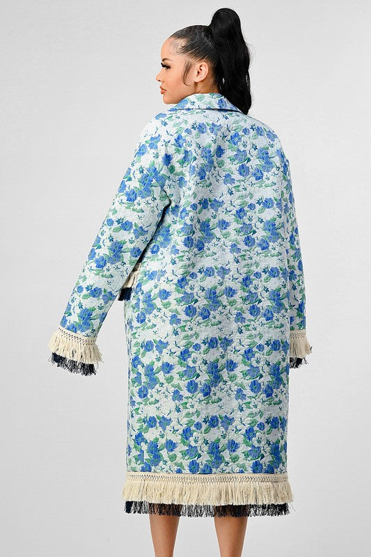Sky Floral Print Tassle Trench Coat  HOUSE OF SHE