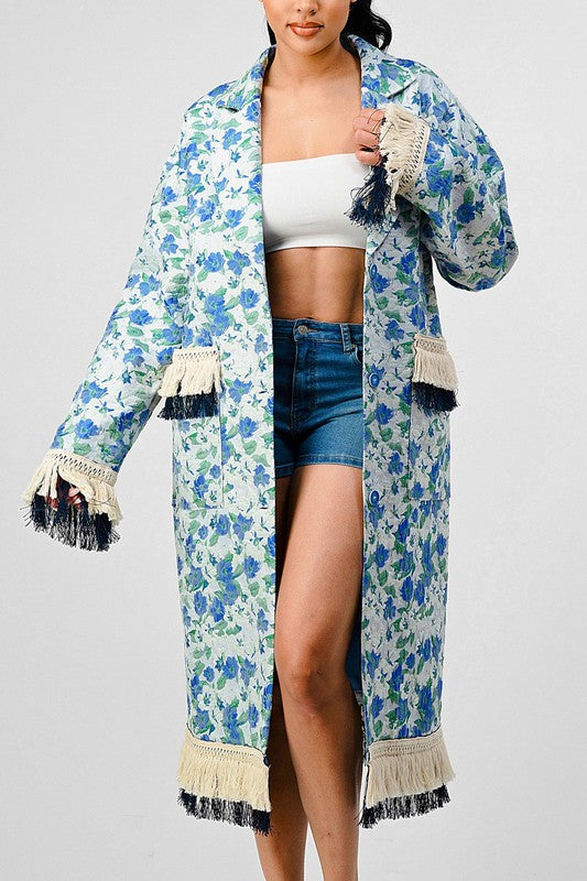 Sky Floral Print Tassle Trench Coat  HOUSE OF SHE