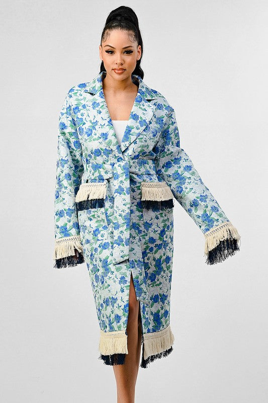 Sky Floral Print Tassle Trench Coat  HOUSE OF SHE