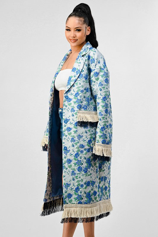 Sky Floral Print Tassle Trench Coat  HOUSE OF SHE