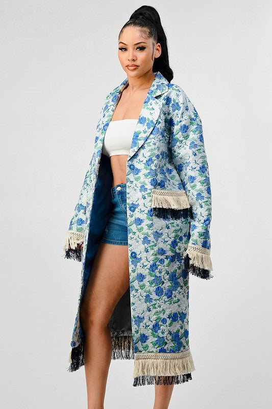 Sky Floral Print Tassle Trench Coat  HOUSE OF SHE