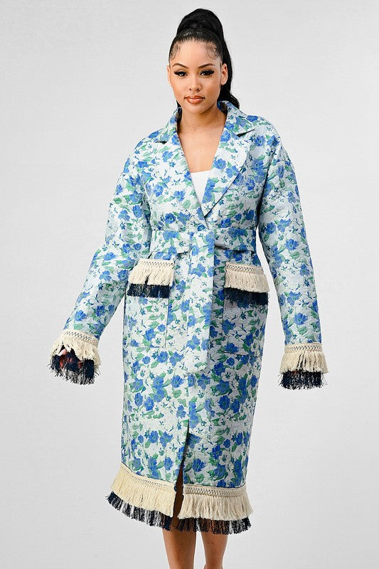 Sky Floral Print Tassle Trench Coat  HOUSE OF SHE