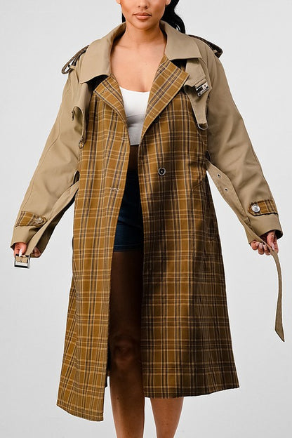 London Plaid And Khaki Contrast Trench Coat