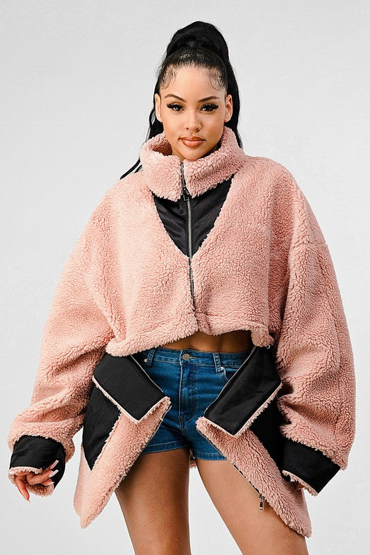 Thina Oversized Sherpa With Contrast Jacket - HOUSE OF SHE