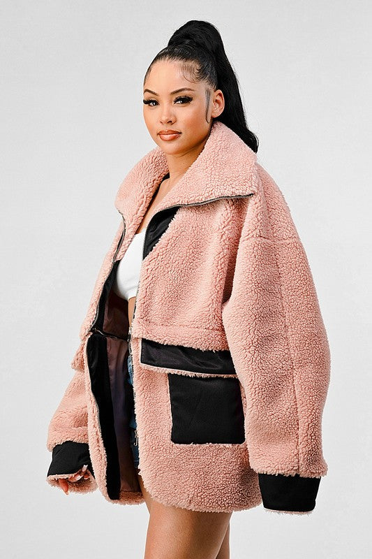 Thina Oversized Sherpa With Contrast Jacket - HOUSE OF SHE