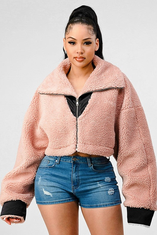 Thina Oversized Sherpa With Contrast Jacket - HOUSE OF SHE