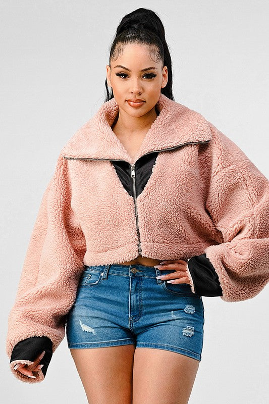 Thina Oversized Sherpa With Contrast Jacket - HOUSE OF SHE