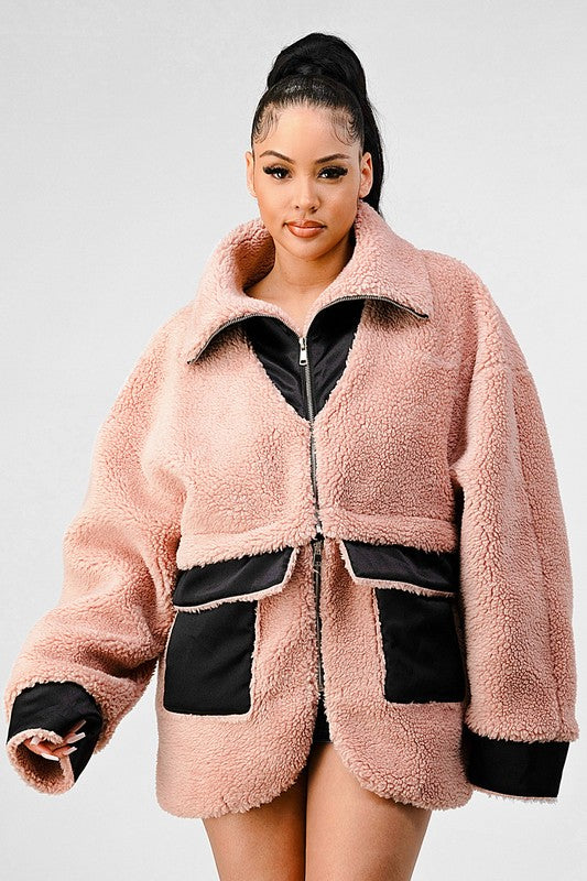 Thina Oversized Sherpa With Contrast Jacket - HOUSE OF SHE
