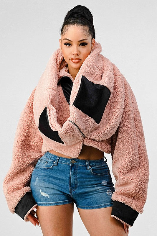 Thina Oversized Sherpa With Contrast Jacket - HOUSE OF SHE