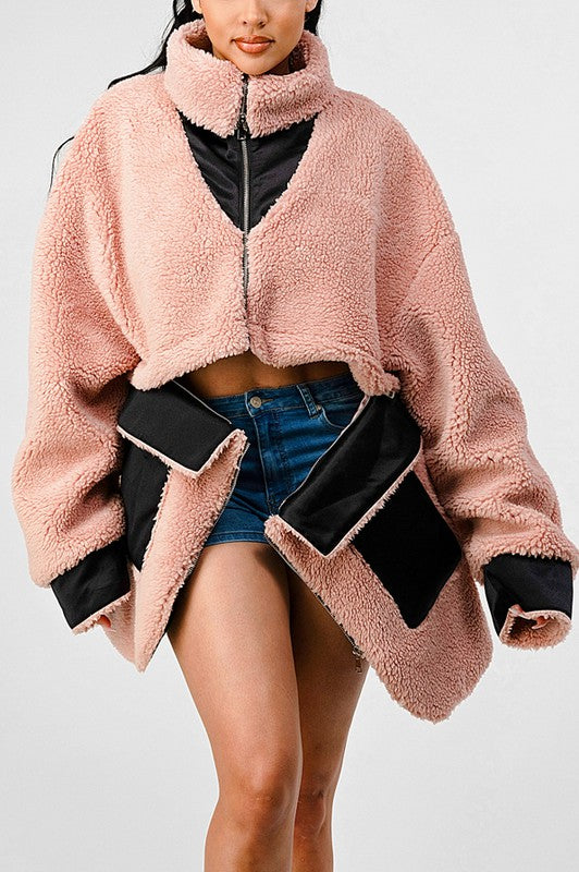 Thina Oversized Sherpa With Contrast Jacket - HOUSE OF SHE