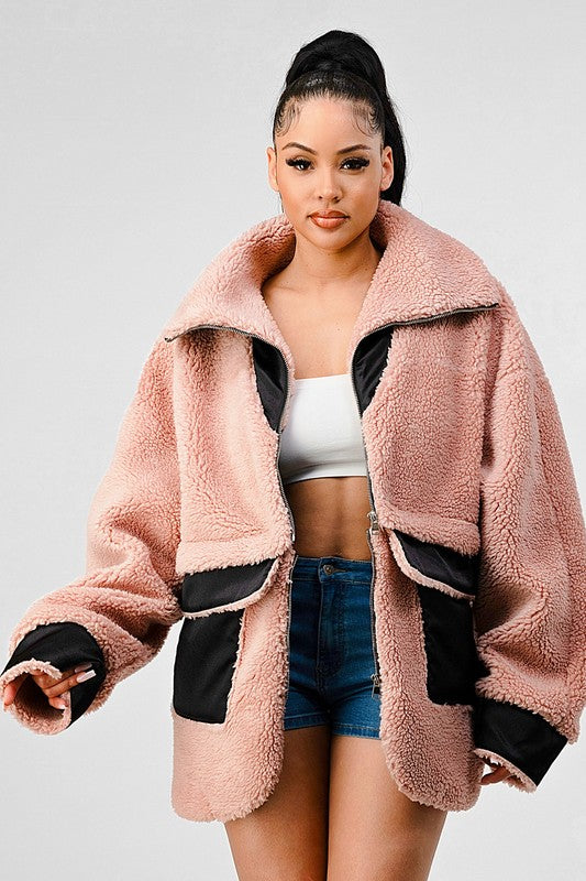 Thina Oversized Sherpa With Contrast Jacket - HOUSE OF SHE