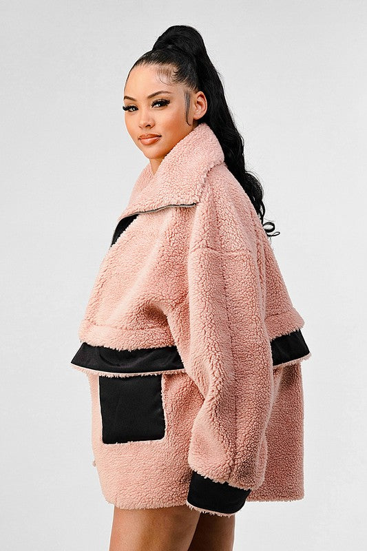 Thina Oversized Sherpa With Contrast Jacket - HOUSE OF SHE