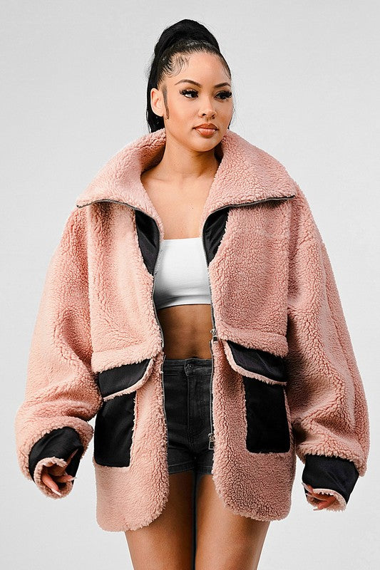 Thina Oversized Sherpa With Contrast Jacket - HOUSE OF SHE