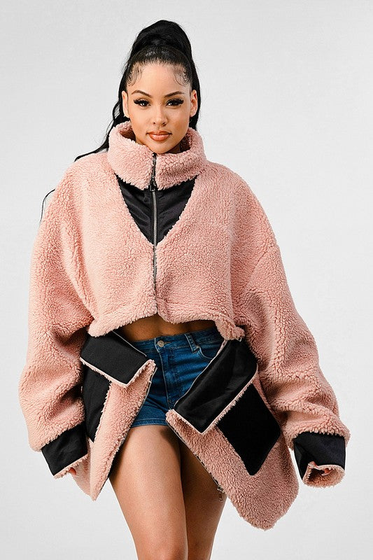 Thina Oversized Sherpa With Contrast Jacket - HOUSE OF SHE
