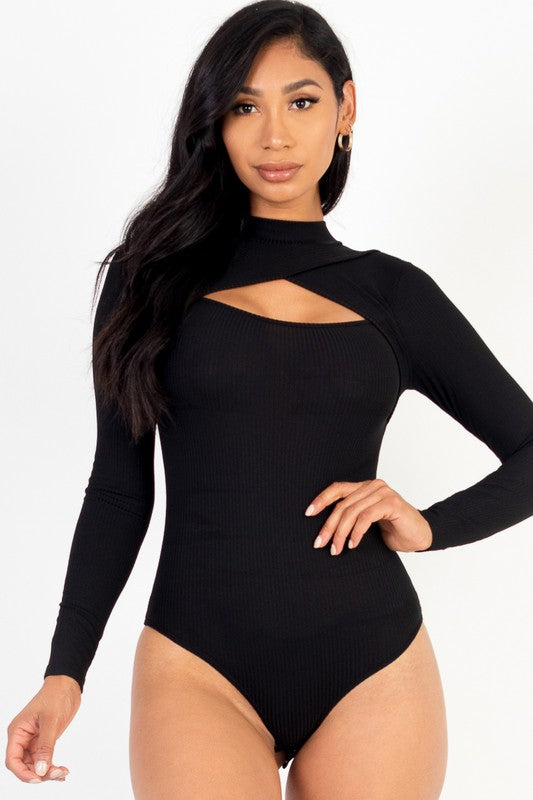 Front Cutout Long Sleeve Bodysuit - HOUSE OF SHE
