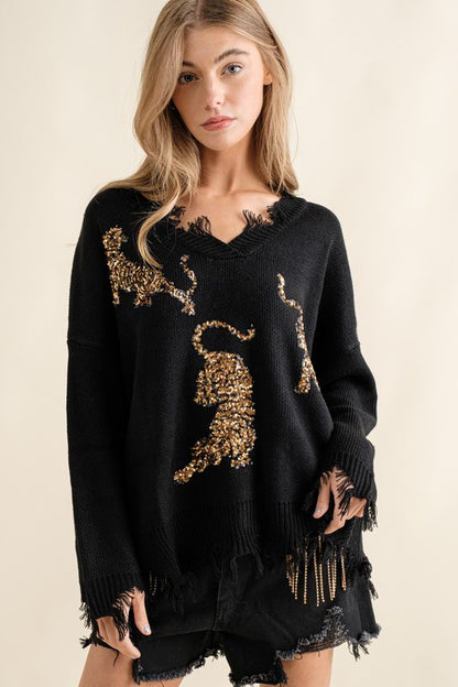 Frayed Edge Sequin Tiger Sweater