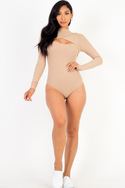 Front Cutout Long Sleeve Bodysuit - HOUSE OF SHE
