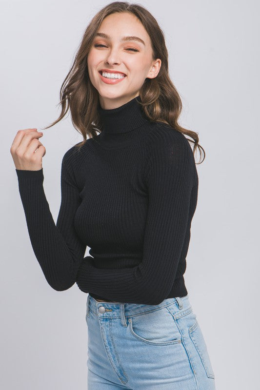 Turtleneck Ribbed Knit Sweater Top  HOUSE OF SHE