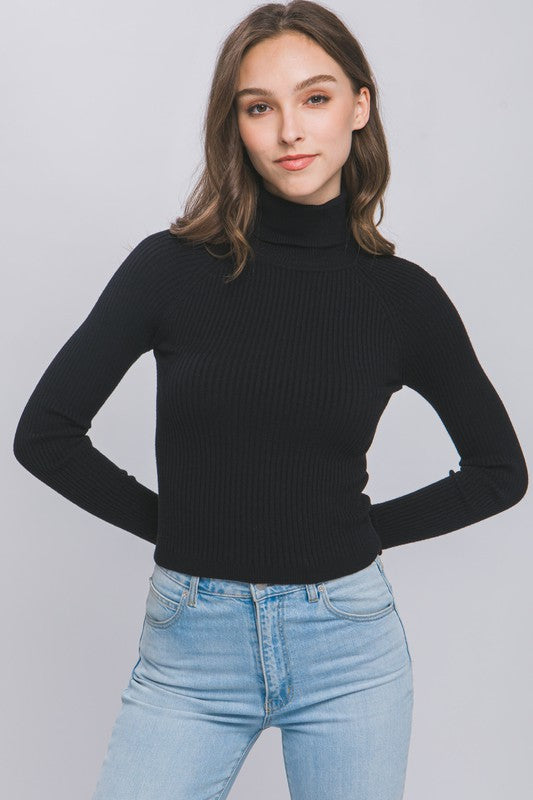 Turtleneck Ribbed Knit Sweater Top  HOUSE OF SHE