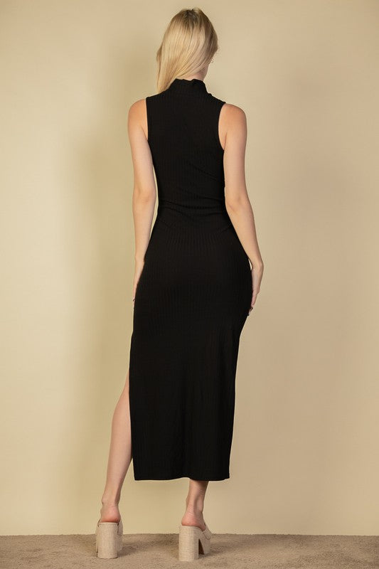 Ribbed Mock Neck Slit Bodycon Dress - HOUSE OF SHE