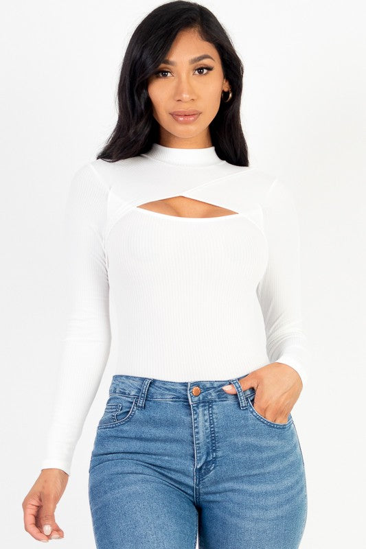 Front Cutout Long Sleeve Bodysuit - HOUSE OF SHE