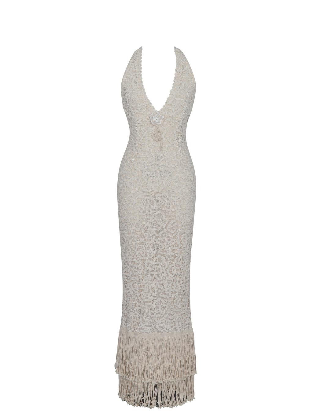 Faelyn Off-White Double Fringe Crochet Halter Maxi Dress - HOUSE OF SHE