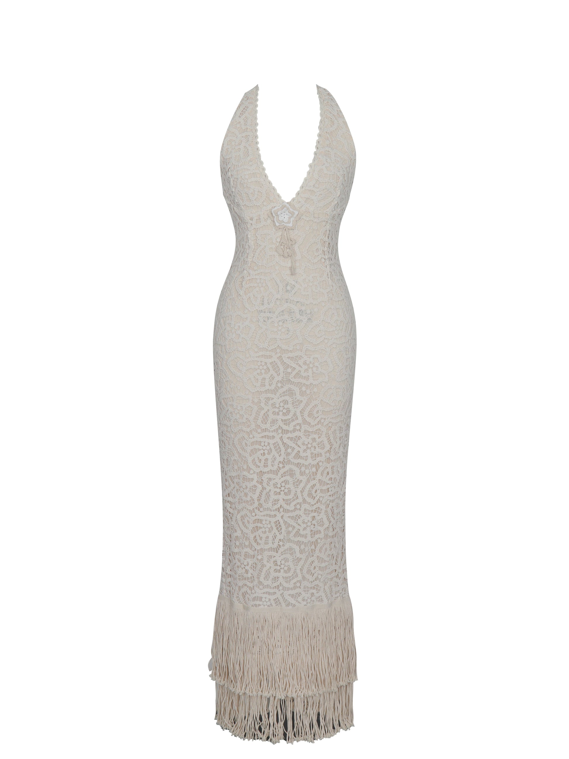 Faelyn Off-White Double Fringe Crochet Halter Maxi Dress - HOUSE OF SHE