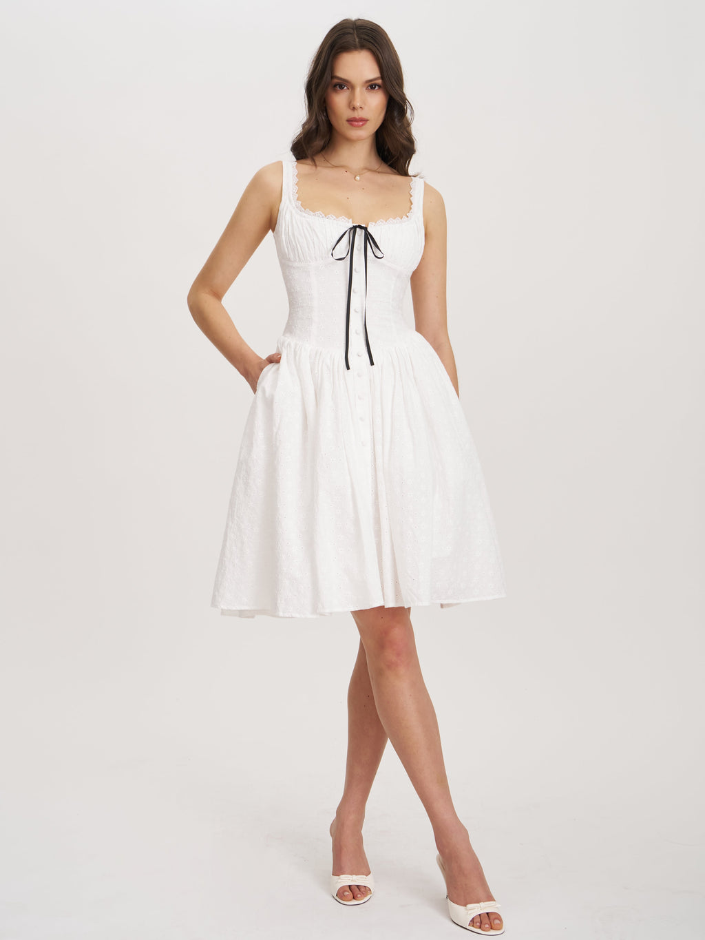 Madison Cotton Eyelet Square Neck Midi Dress - HOUSE OF SHE