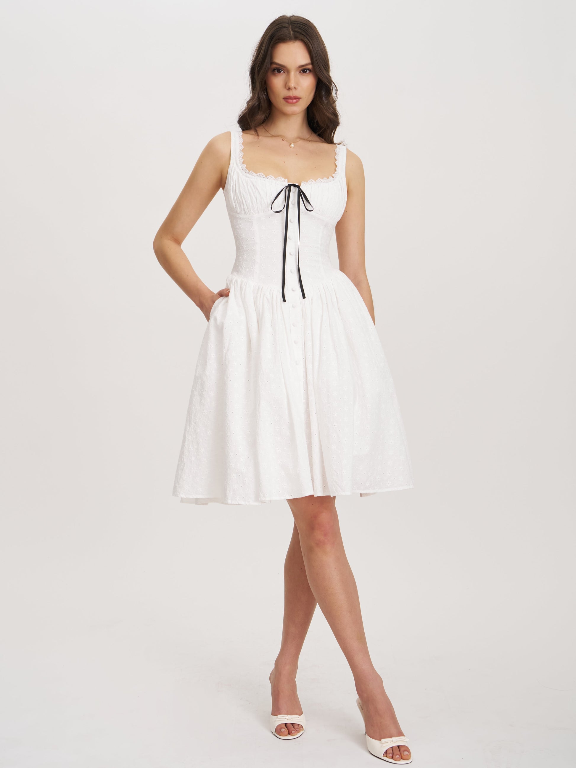 Madison Cotton Eyelet Square Neck Midi Dress - HOUSE OF SHE