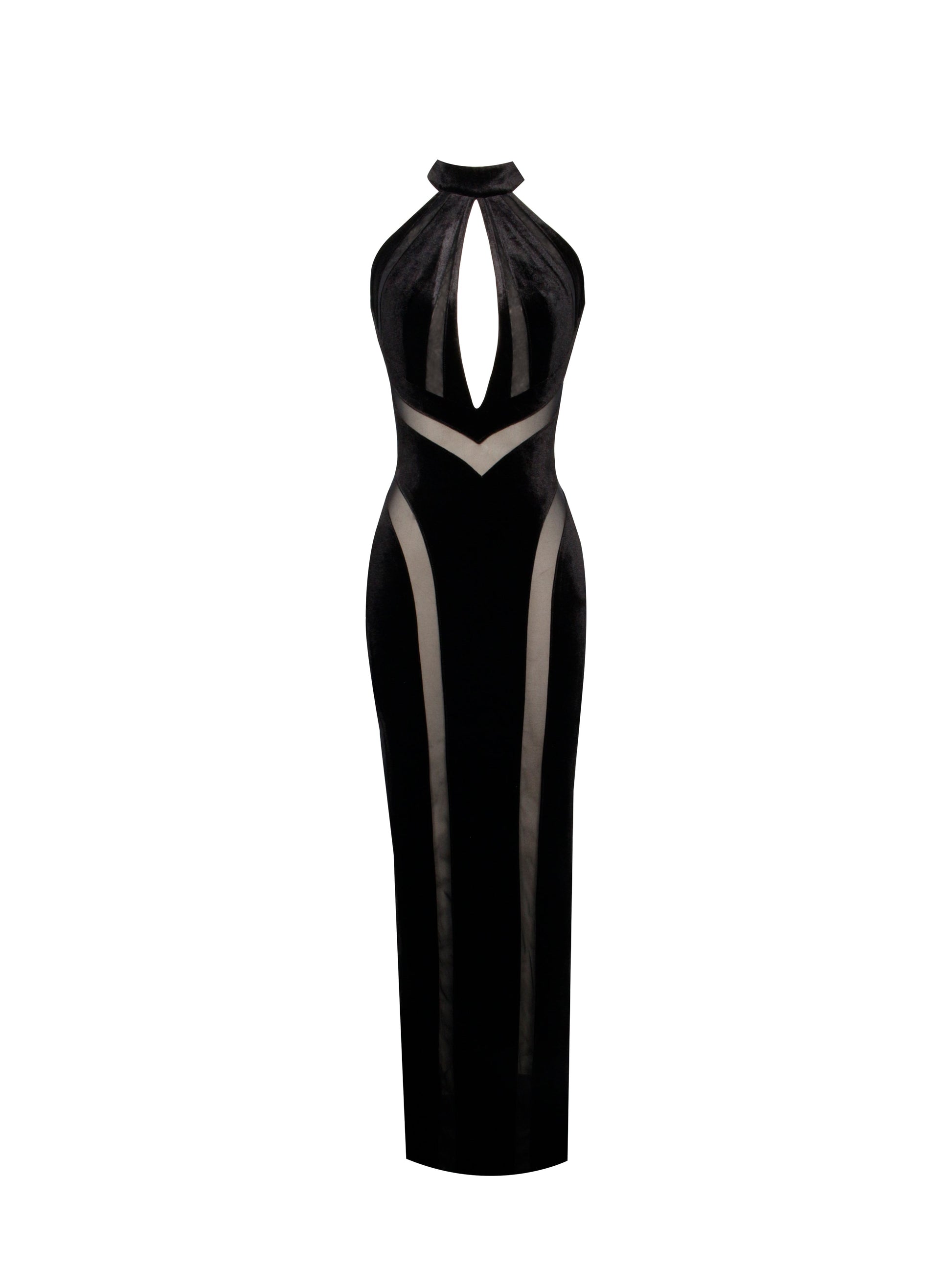 Paityn Black Velvet Mesh Cutout Halter Gown - HOUSE OF SHE