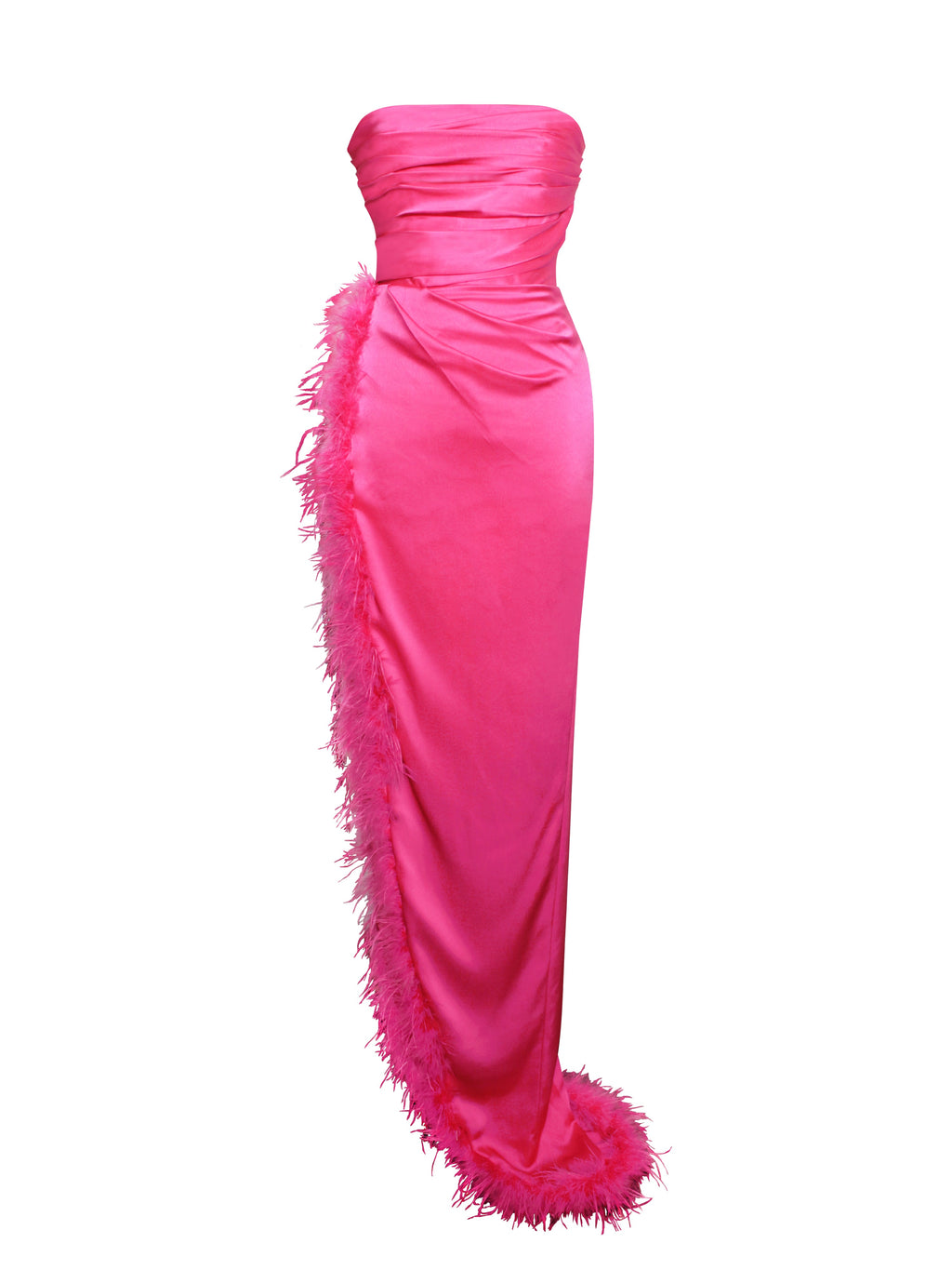 Rin Fuchsia Pink Feather Dress High Slit Gown - HOUSE OF SHE