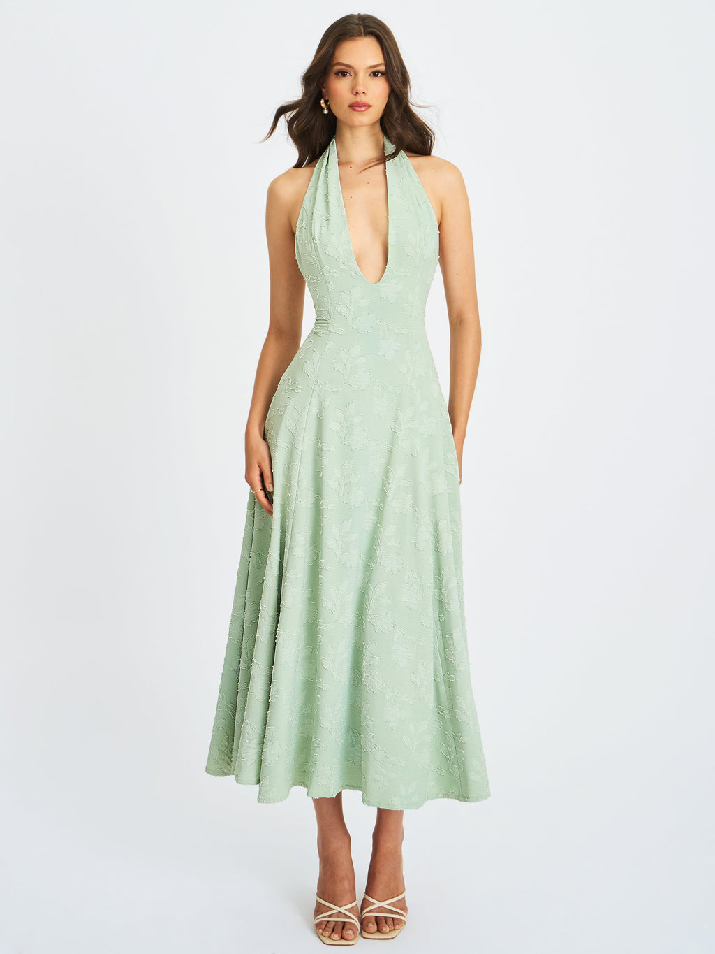 Magda Mint Green Deep V Neck Halter A-line Midi Dress - HOUSE OF SHE