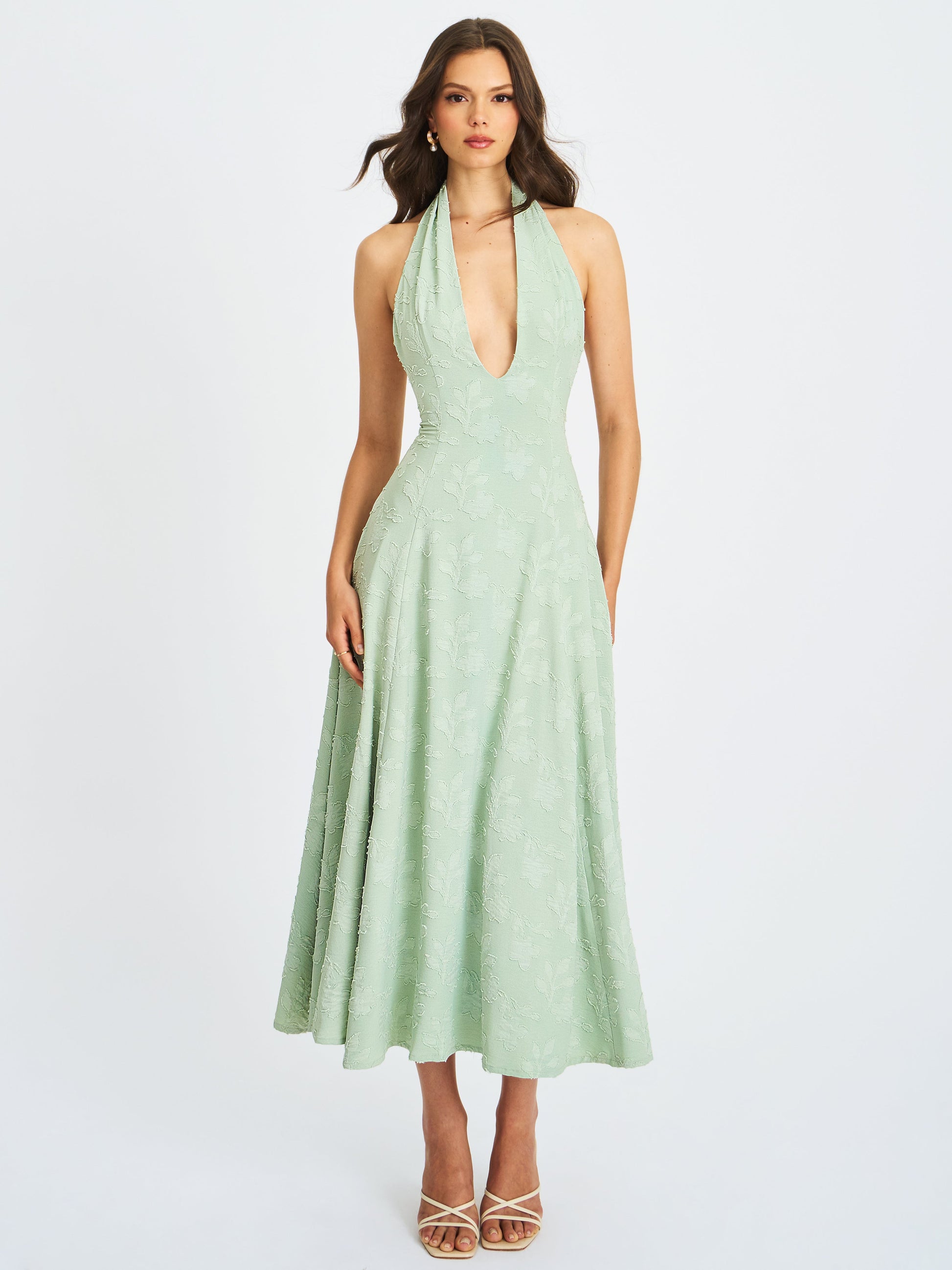 Magda Mint Green Deep V Neck Halter A-line Midi Dress - HOUSE OF SHE
