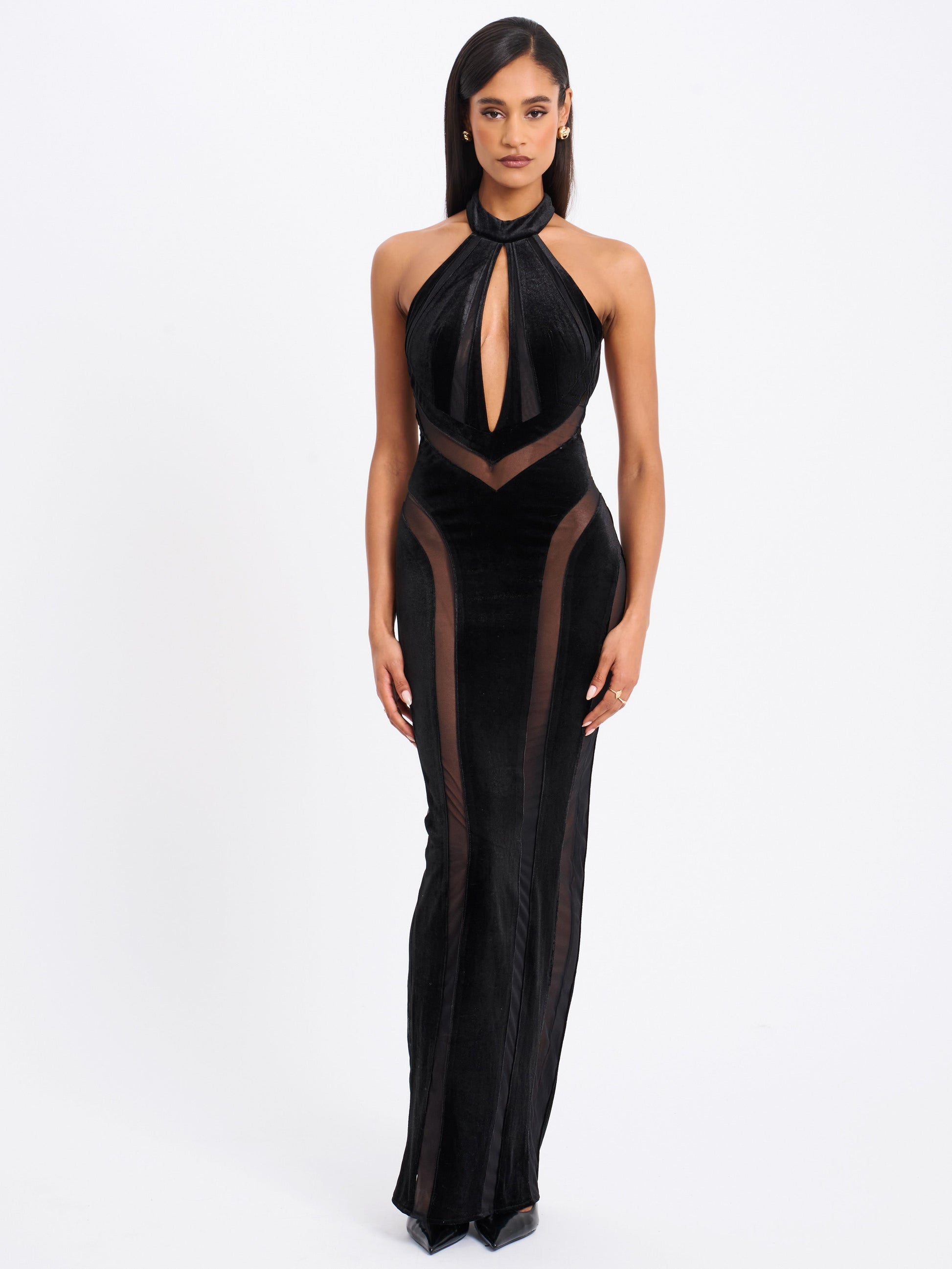 Paityn Black Velvet Mesh Cutout Halter Gown - HOUSE OF SHE