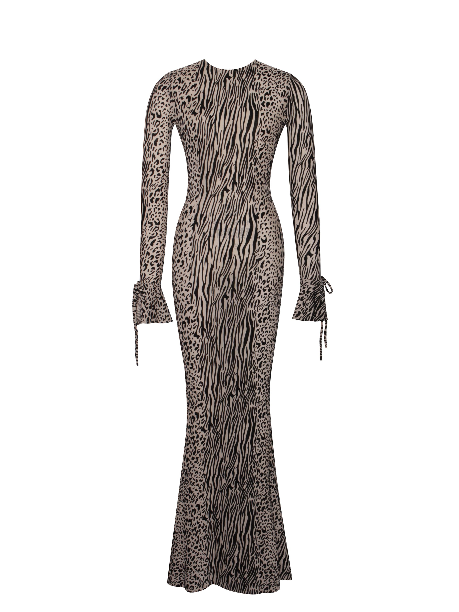 Waylynn Nude Black Animal Print Burnout Velvet Detail Mesh Backless Maxi Dress - HOUSE OF SHE