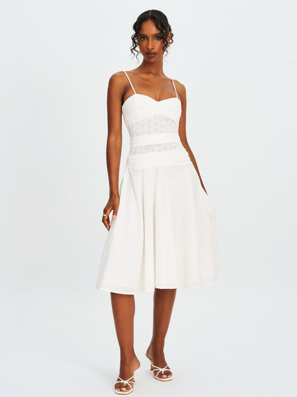Maelis White Eyelet Drop Waist Cotton Midi Dress - HOUSE OF SHE
