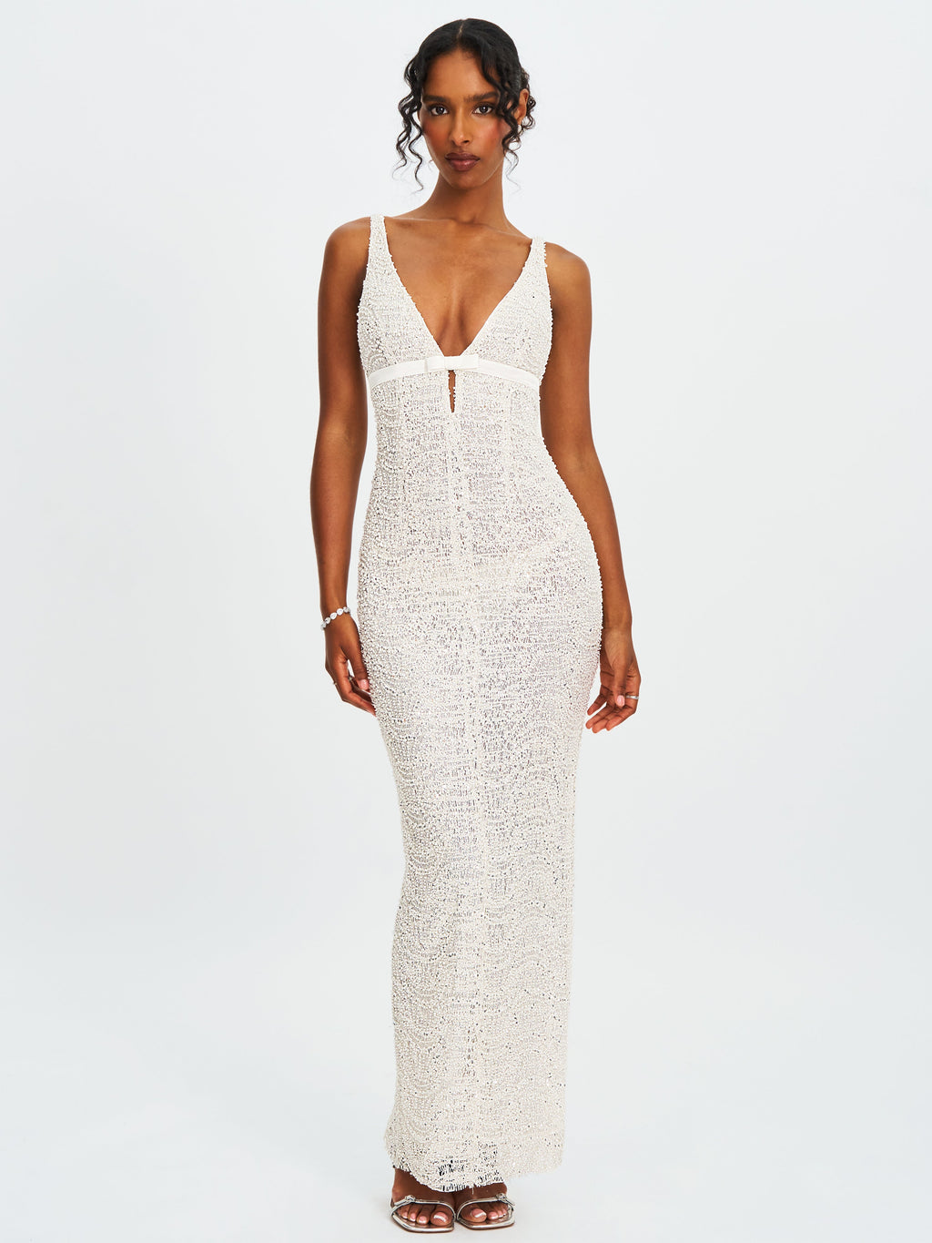 Adelaide White Beaded Sequin Net Bodycon Gown