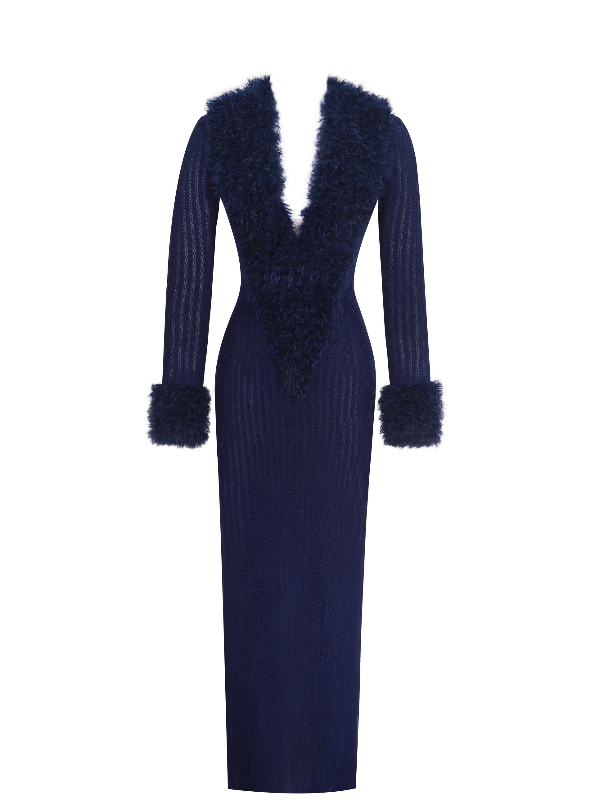 Romina Navy Plunging Fur Trimmed Crochet Maxi Dress